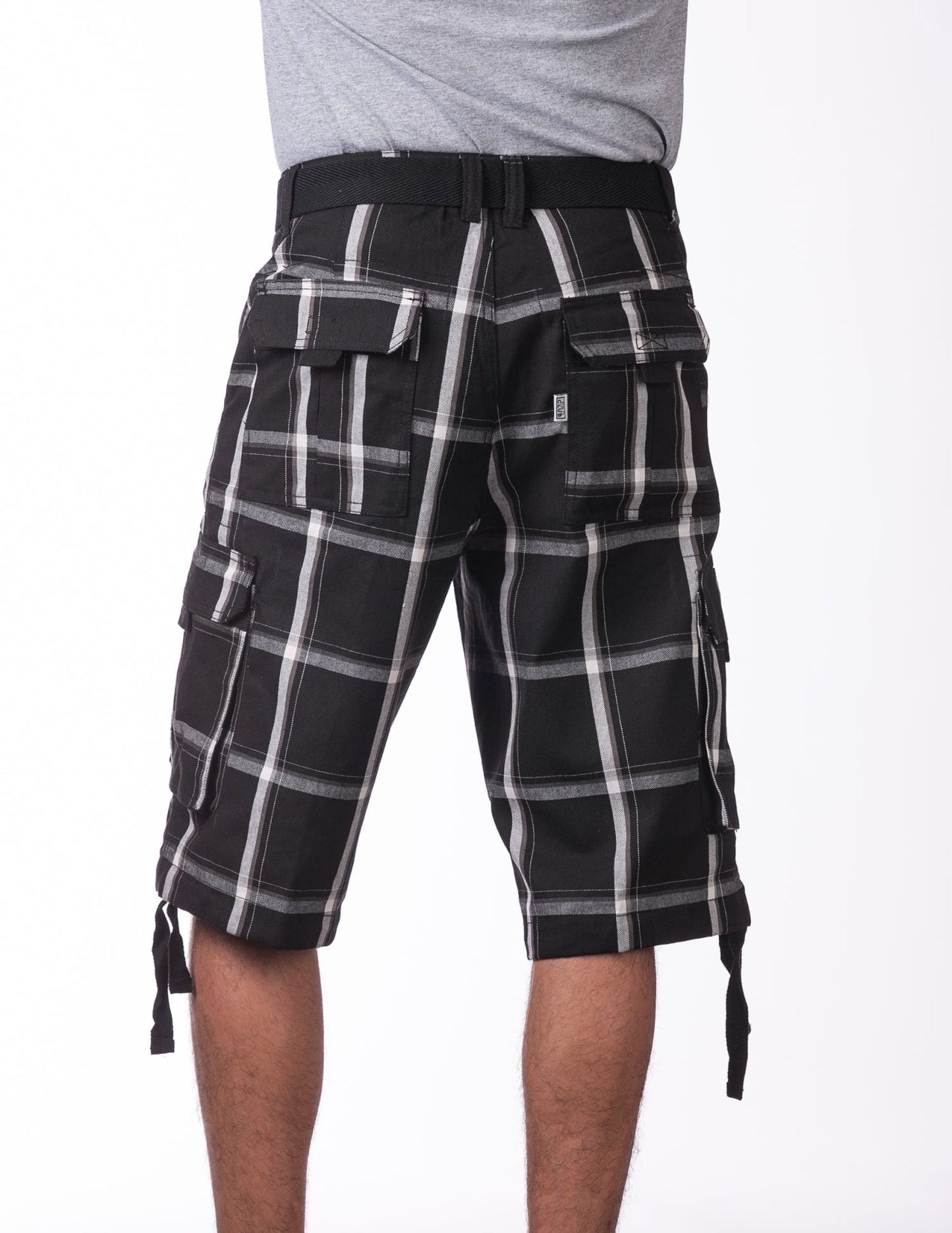 Pro Club Twill Cargo Shorts with Belt - BLACK PLAID