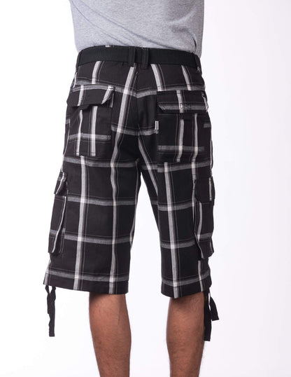 Pro Club Twill Cargo Shorts with Belt - BLACK PLAID